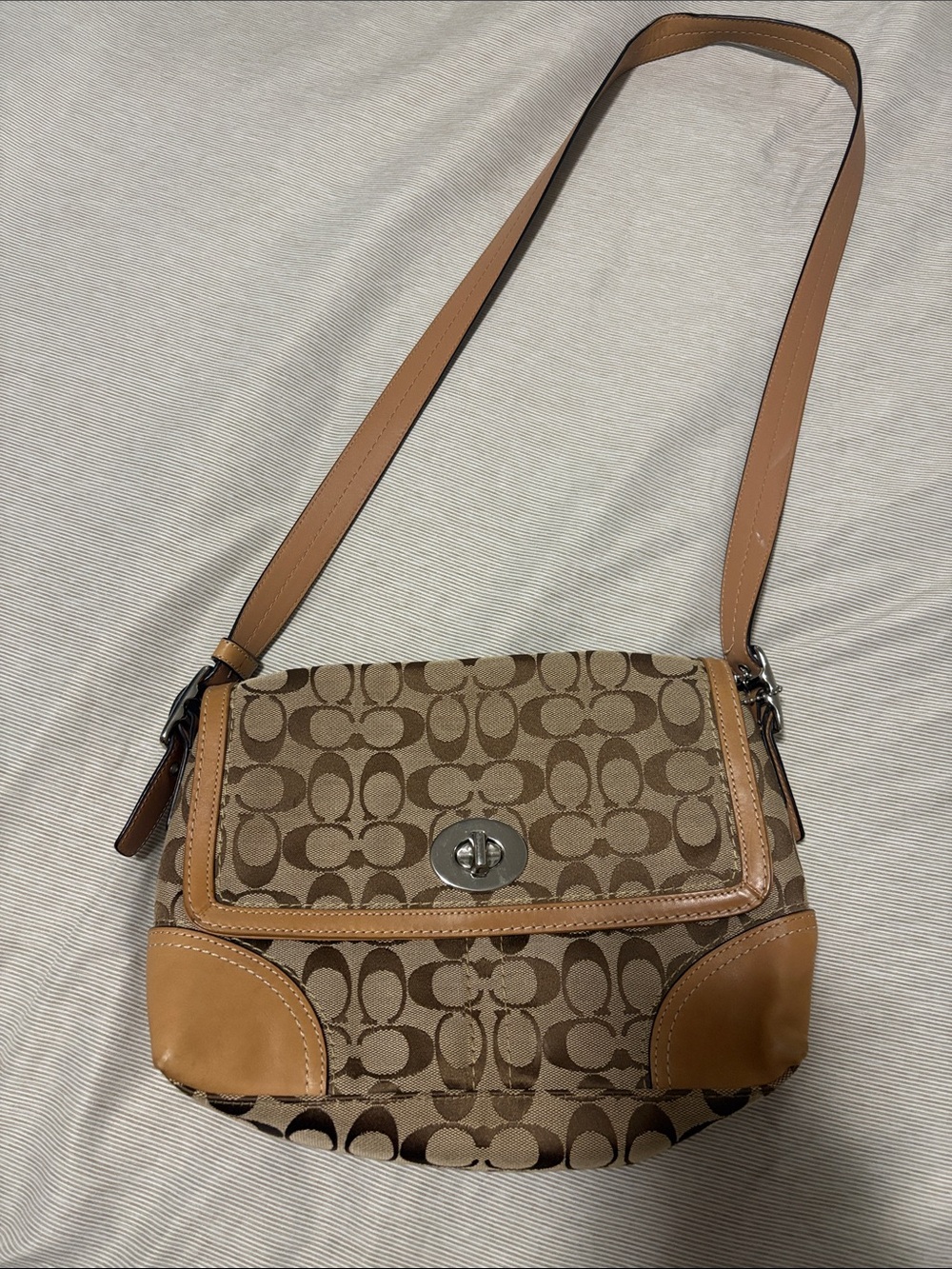 Coach Brown Signature Canvas Crossbody with Tan Leather Trim